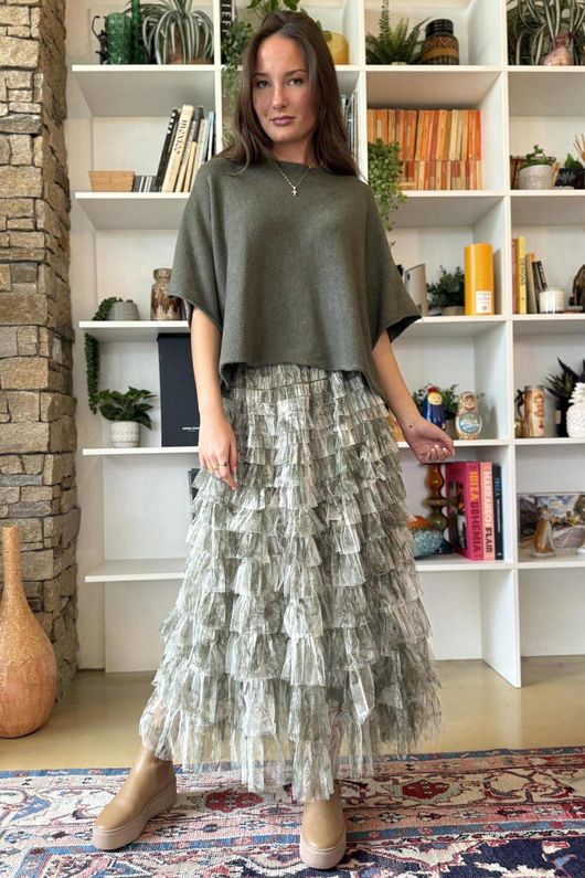 Ramone Marble Mesh Midaxi Skirt Khaki